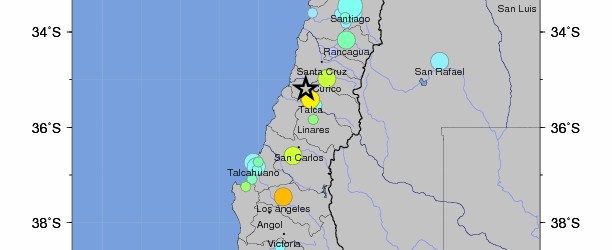 Magnitude 7.2 earthquake struck offshore Maule, Chile at 22:37:04 UTC on March 25, 2012 according to USGS. The epicenter was located 32 km (20 miles) NNW (341°) from Talca, Chile (35.198°S, 71.783°W). The recorded depth of epicenter was at 30 km (18.6 miles). Precise reports of magnitude and depth will be added accordingly. No tsunami warning was issued in first reports after the earthquake. The epicenter was 215 km (133 miles) NNE (32°) from Concepcion, Chile, 215 km (134 miles) SSW (208°)...