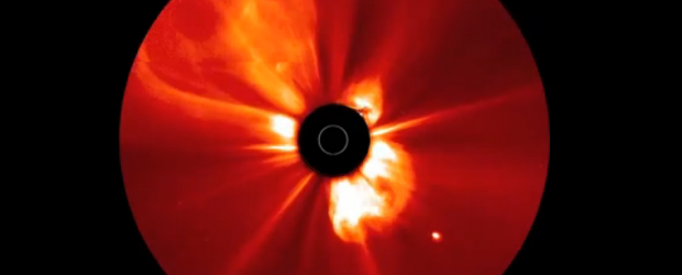 The Watchers Tweet Tweet The Sun produced a series of at least eight coronal mass ejections (CMEs) over a two-day period (November, 2-4, 2012). Some of them overlapped each other as the Sun burst some of them into space in a rapid-fire style. The series was taken by the STEREO Ahead spacecraft with its COR2 coronagraph, in which the Sun is blocked out by the black disk (Sun represented by the white circle) so that...