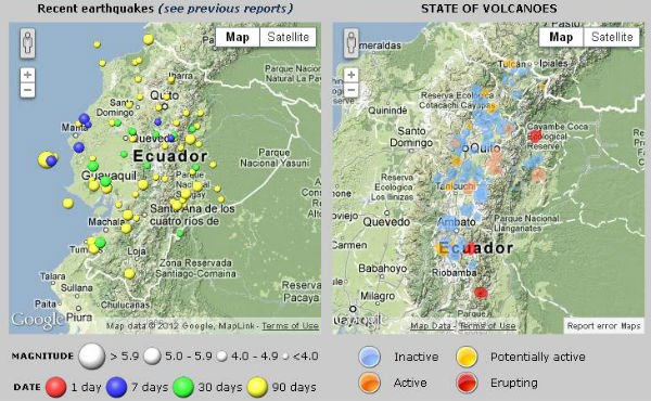 Recentes terremotos e mapas vulcão situação (Fonte: IGEPN)