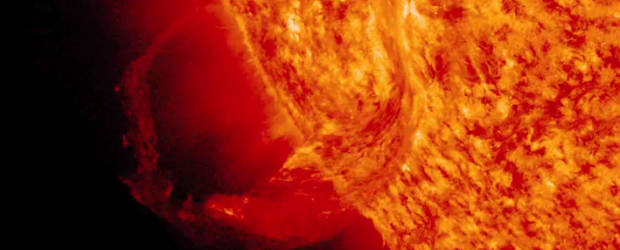 An Earth-directed Coronal Mass Ejection (CME) on January 31, 2013 (07:09 UTC) was accompanied by a large prominence eruption best visible in light with a wavelength of 304 angstroms. NASA’s Solar Dynamics Observatory captured this footage from 10 p.m. EST (03:00 UTC) on January. 30, 2013, to 4 a.m. (09:00 UTC) the next morning. In this video, the imaging cadence is one frame every 36 seconds. Experimental NASA research models, based on observations from the Solar Terrestrial Relations Observatory (STEREO) and ESA/NASA’s Solar and Heliospheric Observatory, show that the CME left the sun at speeds of around 575 miles per...